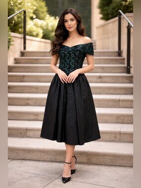 Jessica McClintock Gunne Sax Vintage Midi Dress with Teal Sequin Bodice
